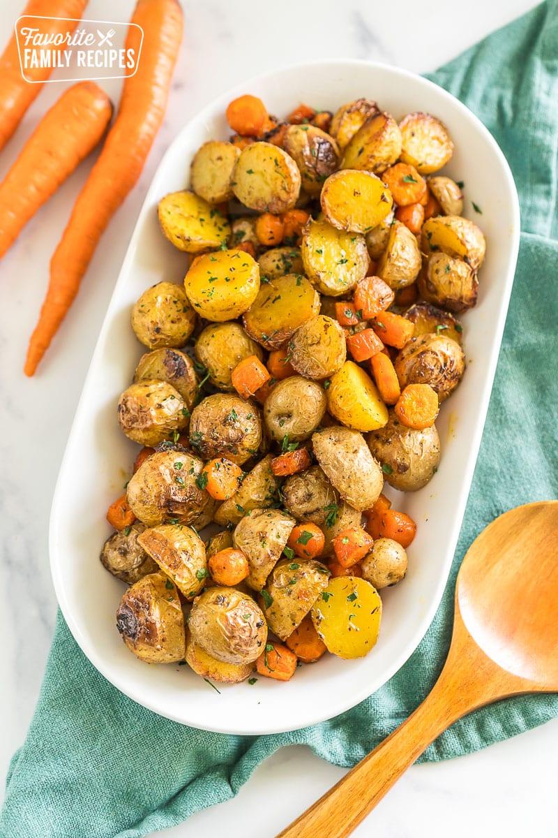 Roasted Potatoes and Carrots on a platter.