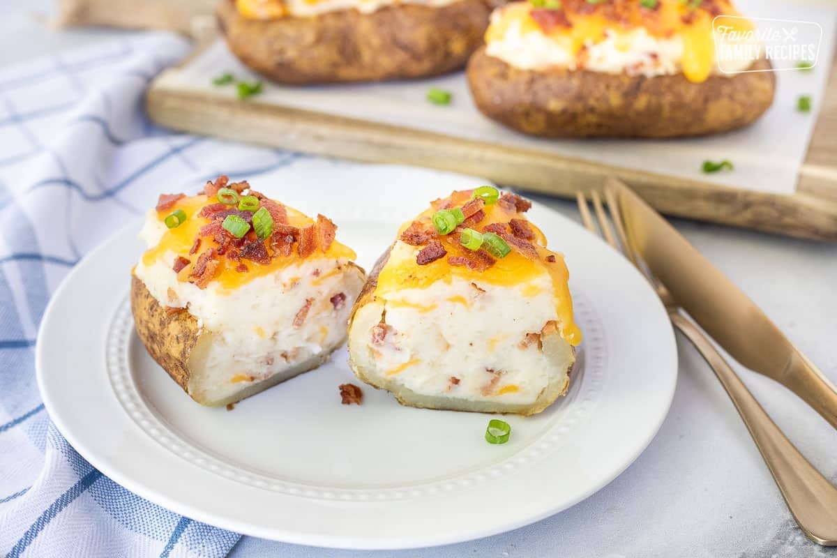 Twice Baked Potato cut in half.