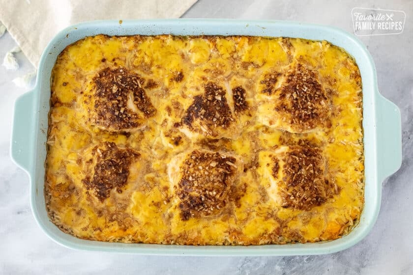 Baked Cheesy Chicken and Rice Casserole in a casserole dish.