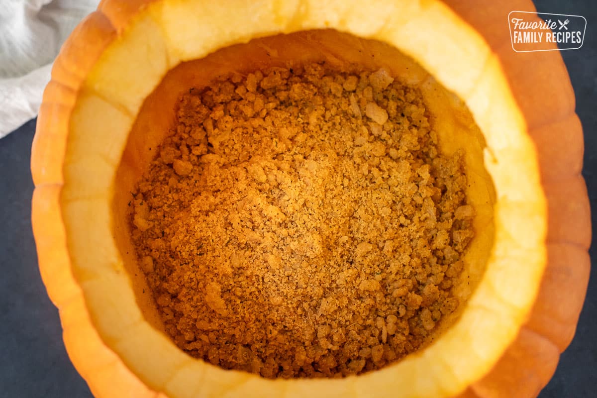 Bread crumb mixture in the bottom of a pumpkin for Soup.
