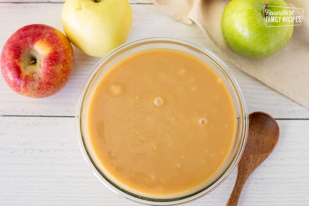 Letting Caramel Apple Dip cool in glass container.