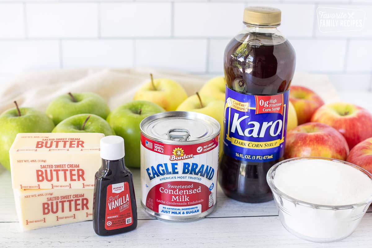 Ingredients for Caramel Apple Dip including apples, dark corn syrup, sweetened condensed milk, sugar, vanilla and butter.