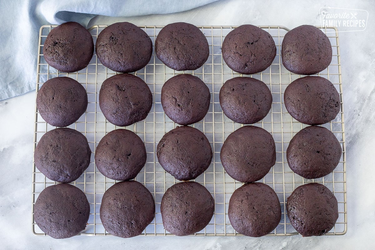 Whoopie Pie cookies on a cooling rack.