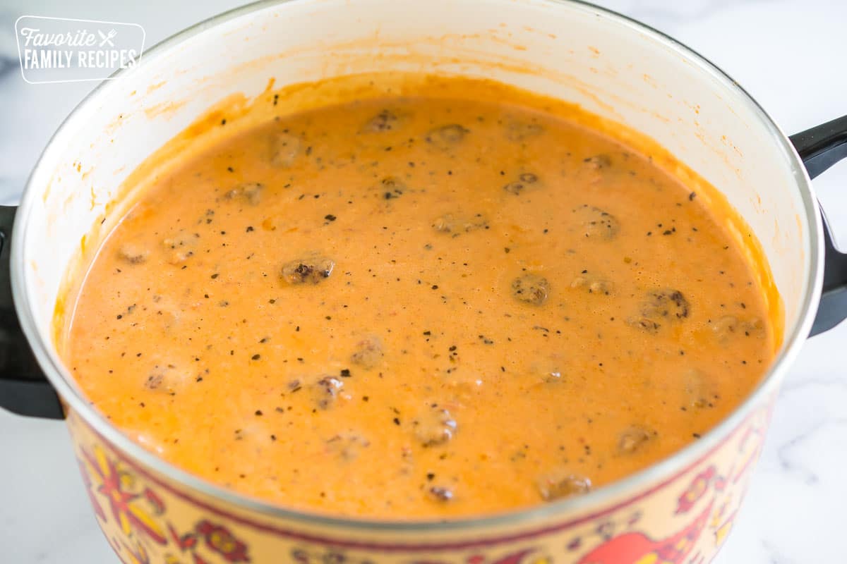 creamy tomato basil soup in a pot