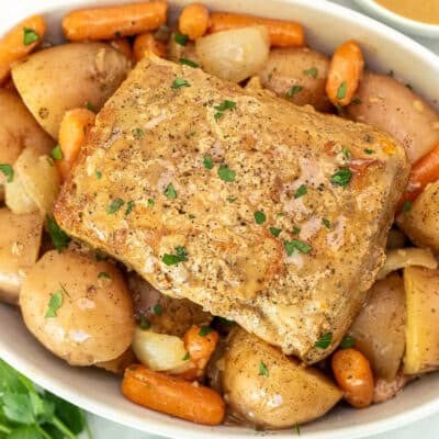 Platter of Crock Pot Pork Roast with vegetables.