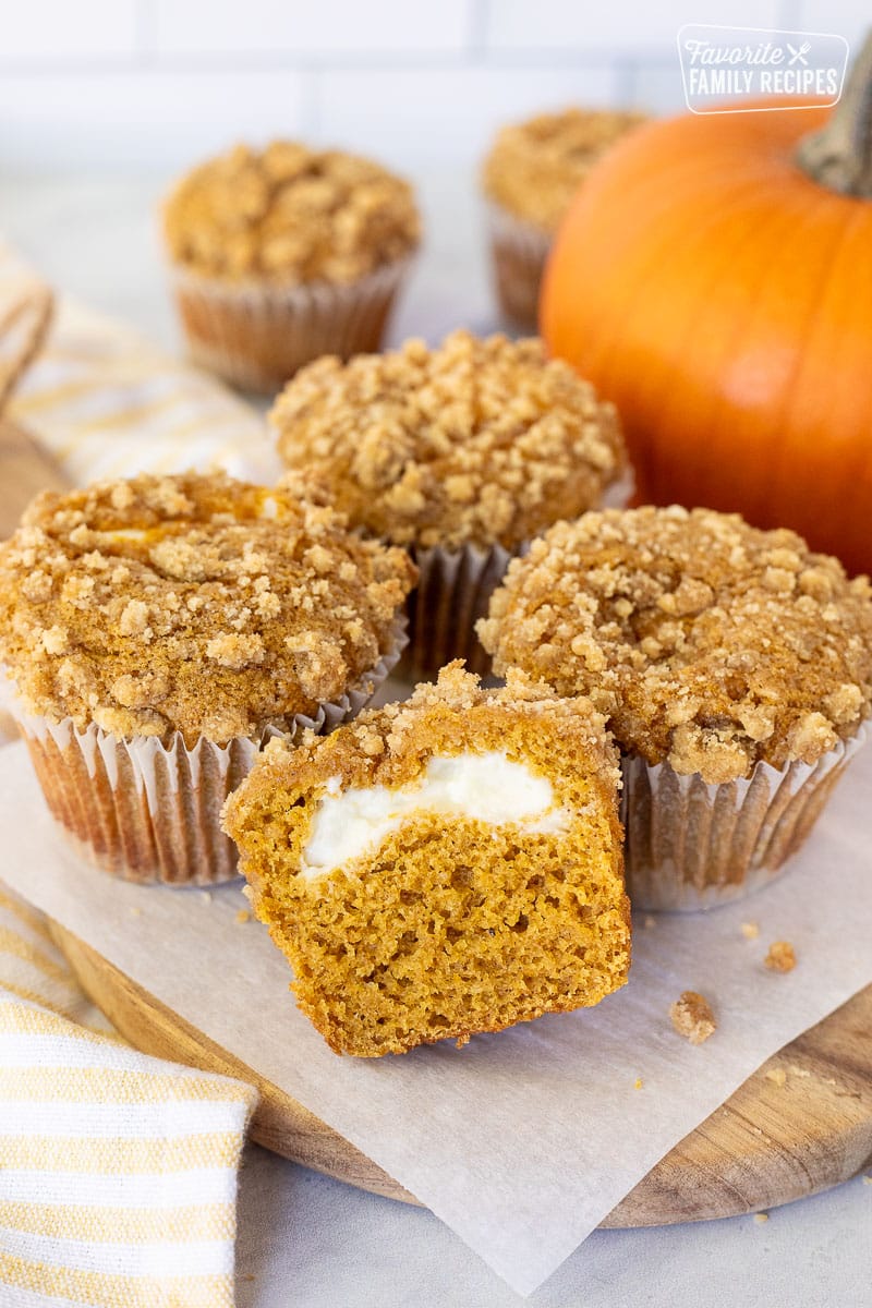 Sliced open Pumpkin Cream Cheese Muffin.