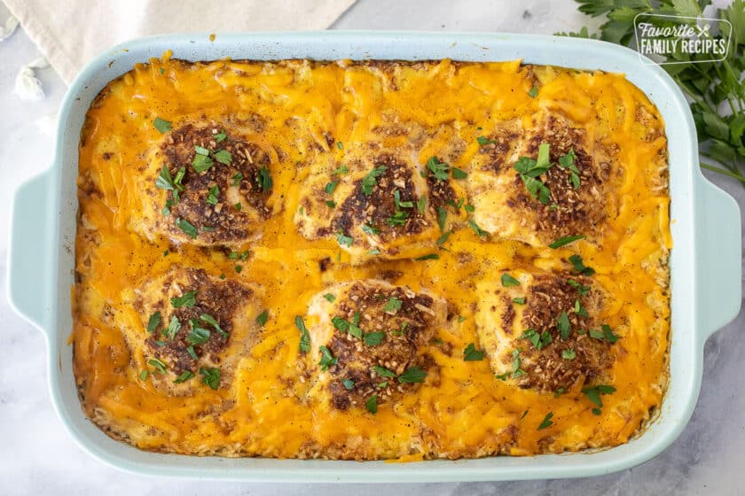 Extra cheese and parsley on Cheesy Chicken and Rice Casserole.