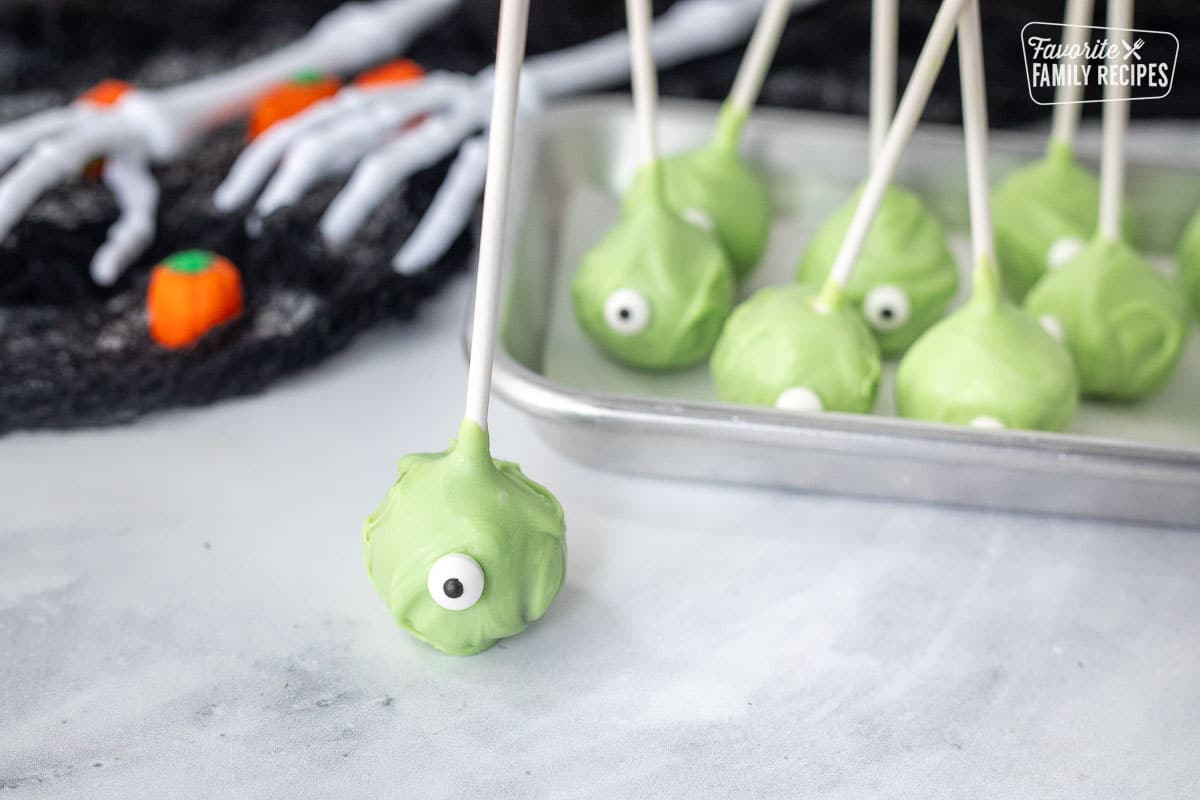 Finished tray of Monster Halloween Cake Pops.