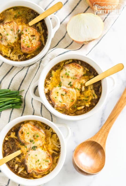 French onion soup in a bowl topped with bread and cheese