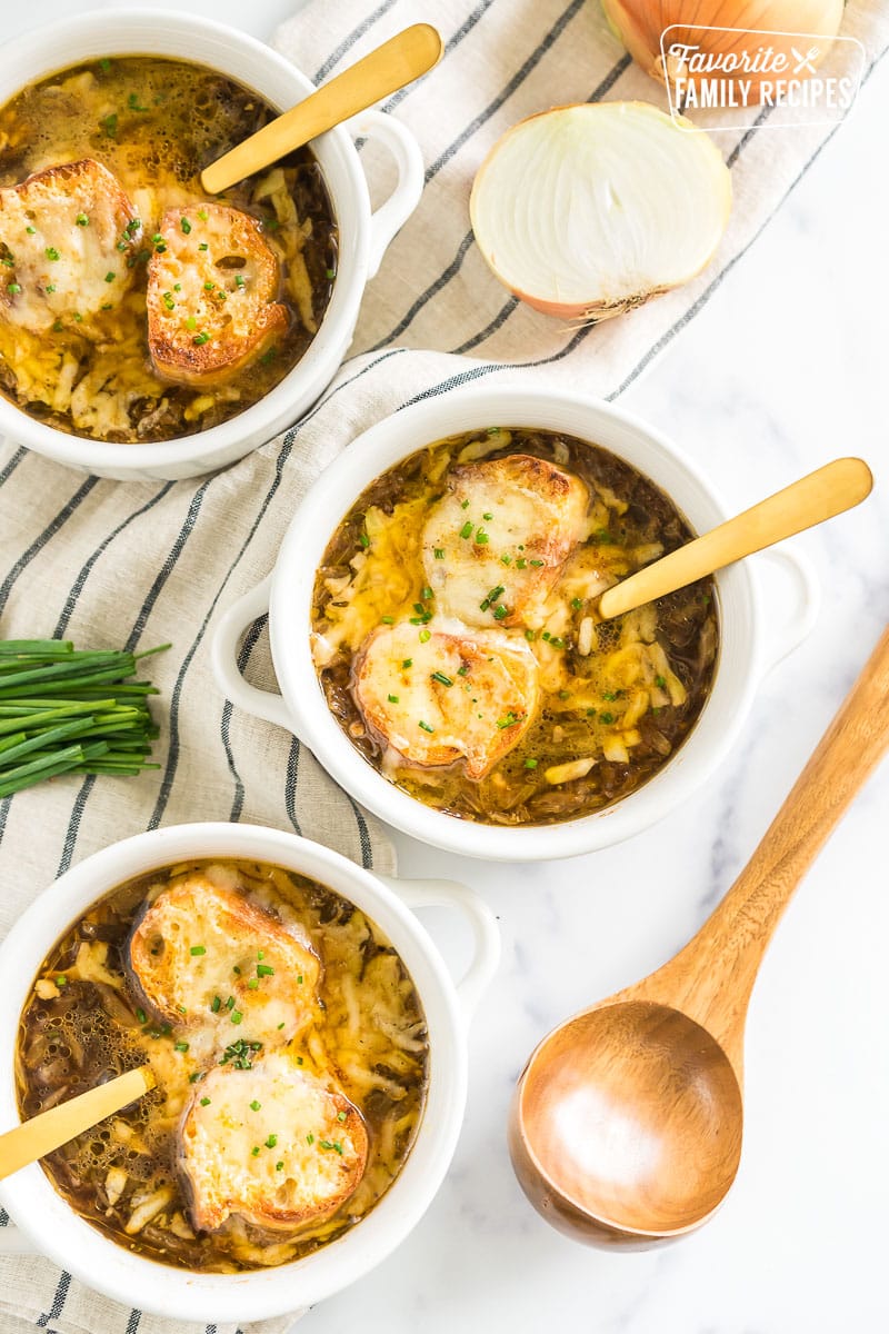 French onion soup in a bowl topped with bread and cheese