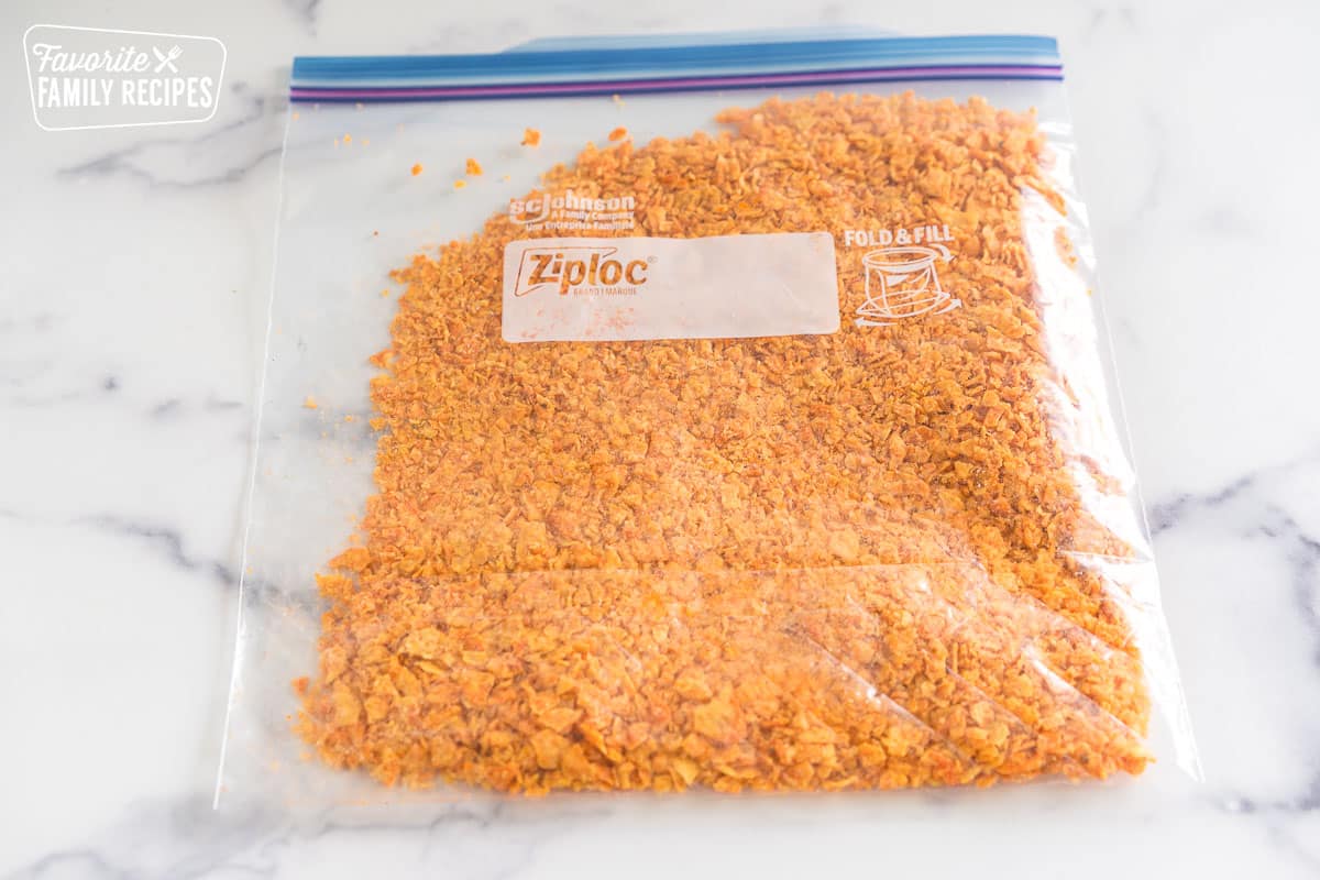 A zip top bag of crushed doritos