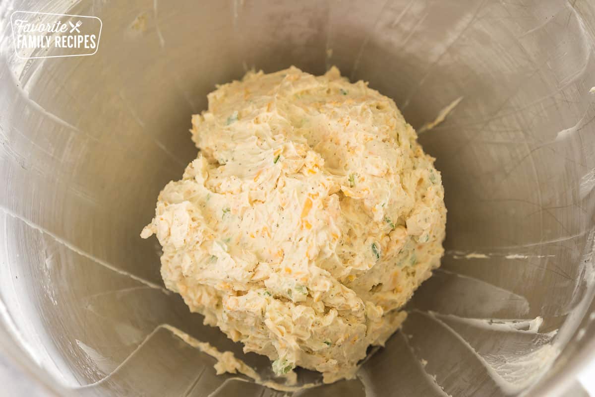 Cheese ball mixture in a mixing bowl