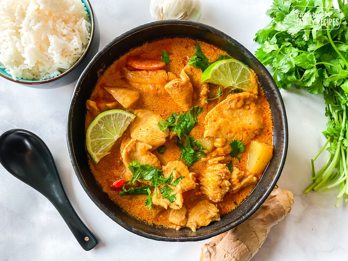 A bowl of chicken Massaman curry