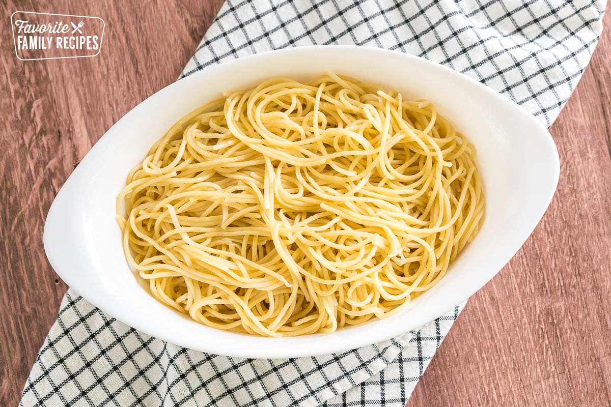 Pasta tossed with browned butter in a bowl