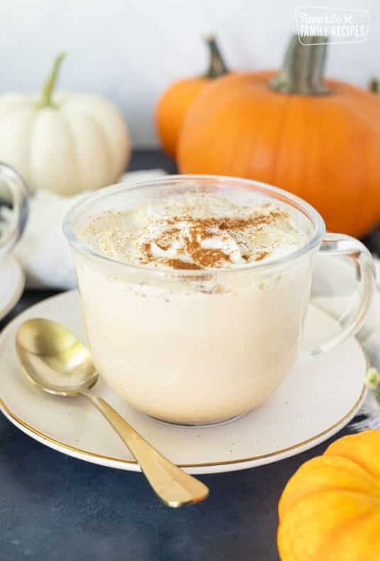 Pumpkin Spice Steamer in a glass mug.