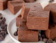 Plate of cut pieces of See's Fudge.