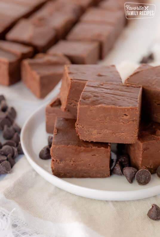 Plate of cut pieces of See's Fudge.