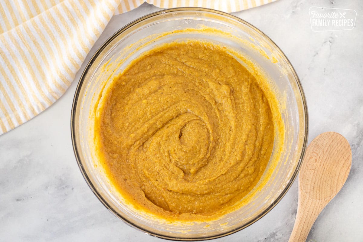 Bowl of Pumpkin Cream Cheese Muffin batter.