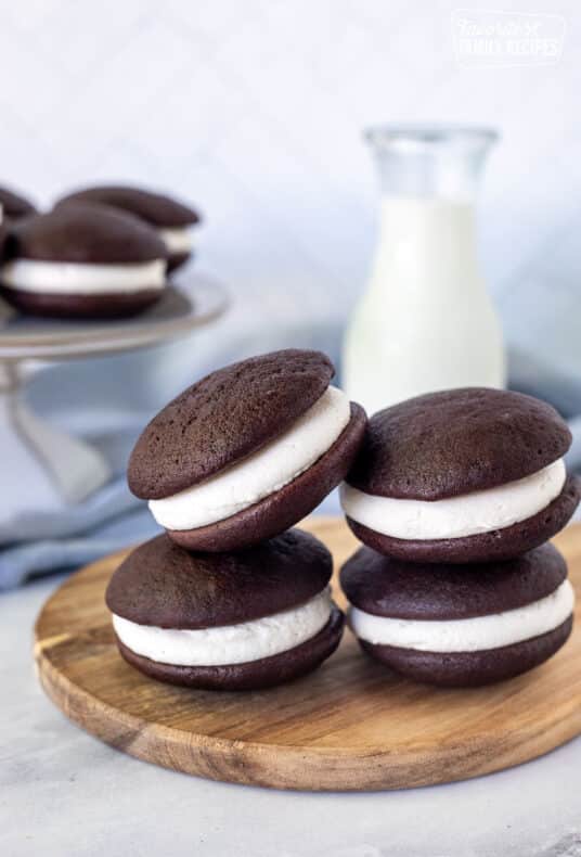Tray of Whoopie Pies stacked with milk.
