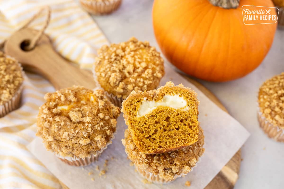 Top view of Pumpkin Cream Cheese Muffin sliced in half.