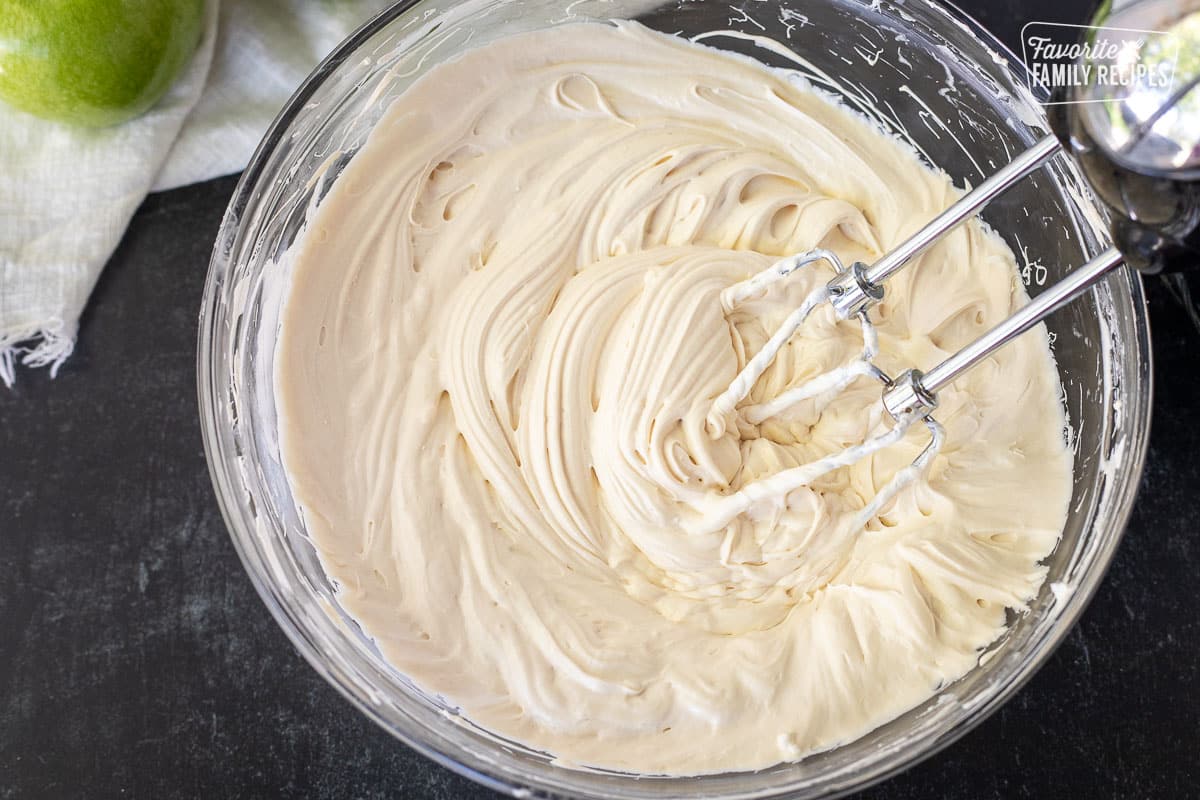 Mixing bowl with caramel cream cheese whip for dipping Apple Fries.