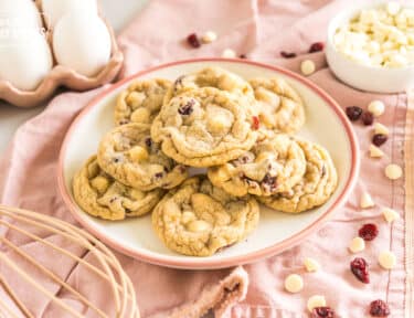 white chocolate cranberry cookies on a plate