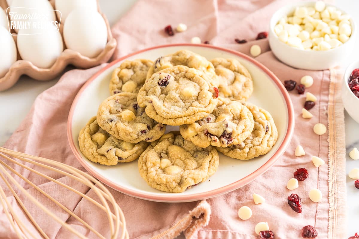 white chocolate cranberry cookies on a plate