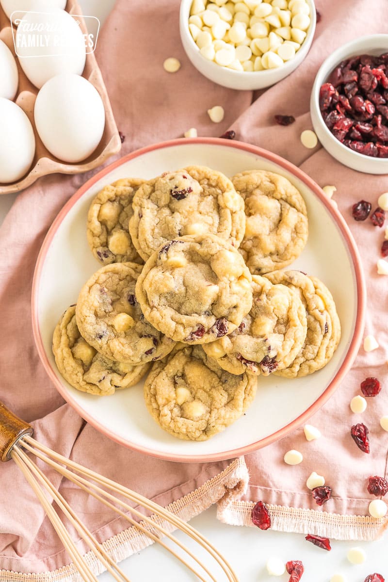 white chocolate cranberry cookies on a plate