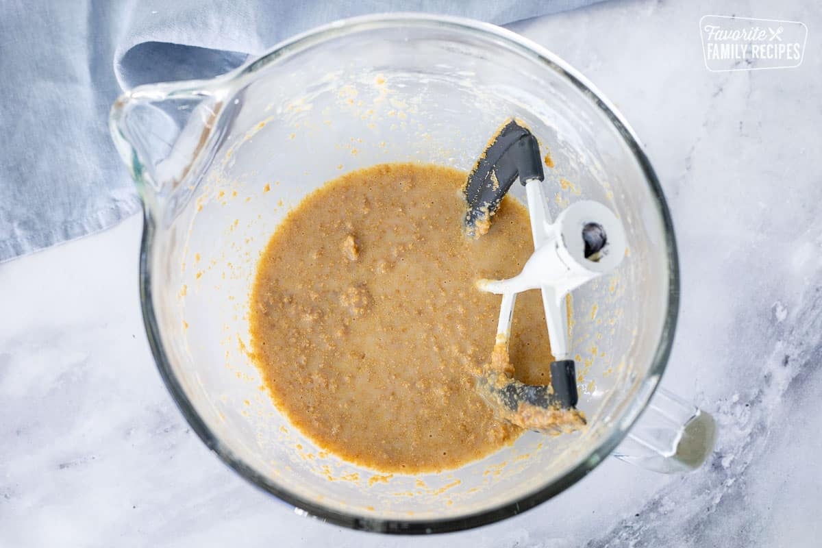 Mixing bowl with wet ingredients for Whoopie Pie batter with paddle attachment.