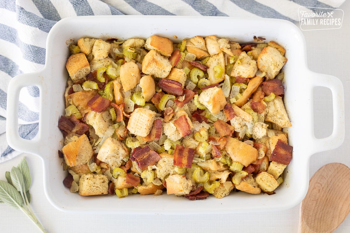 Baking dish with Bacon Stuffing.