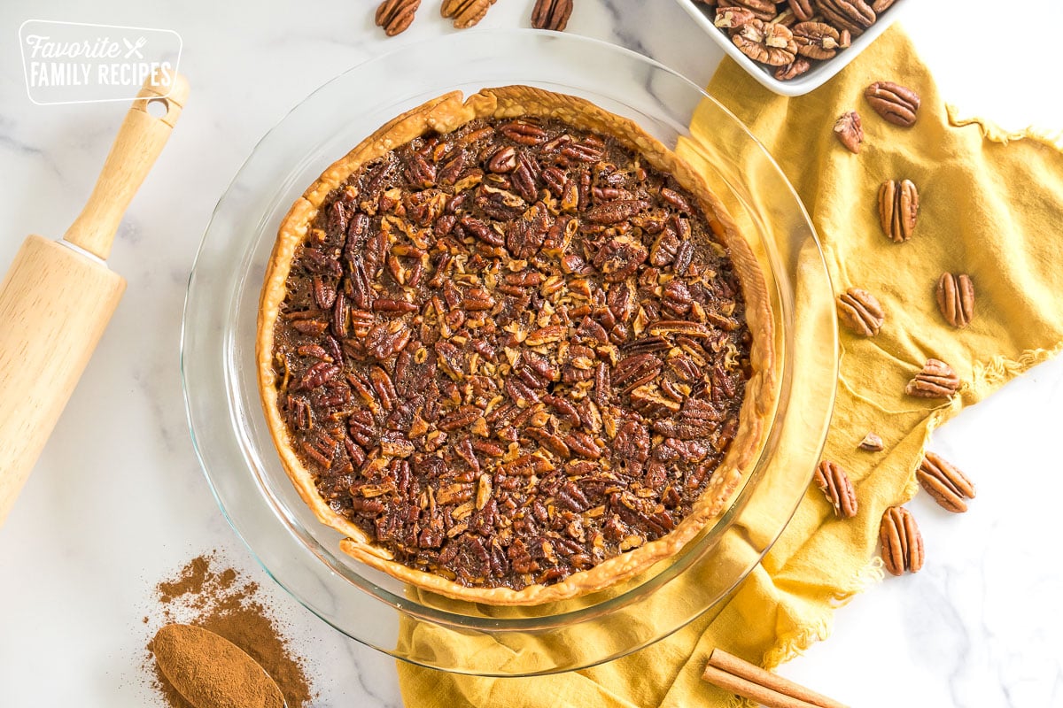 Brown Butter Pecan Pie in a pie dish