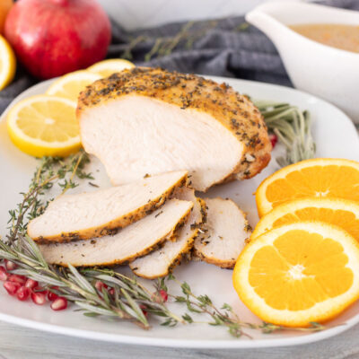 Sliced turkey breast on a platter.