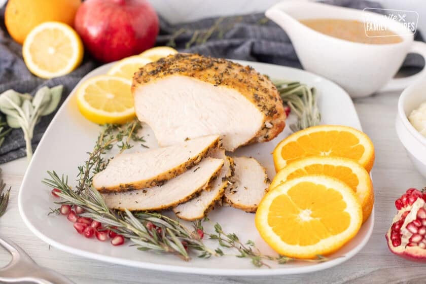 Sliced turkey breast on a platter.