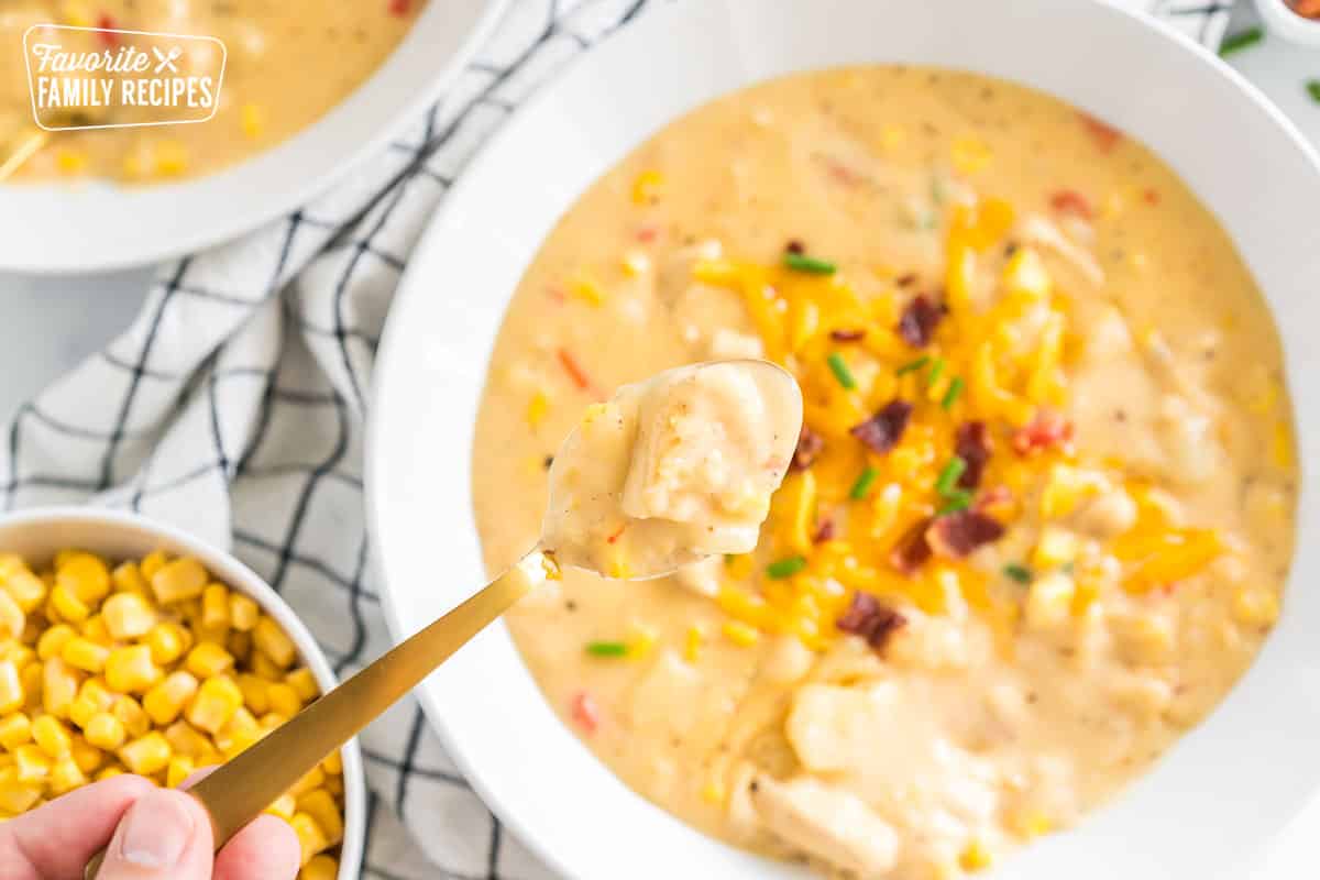 a spoonful of chicken corn chowder