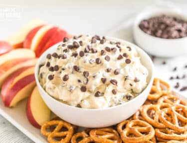 a bowl of chocolate chip cookie dough dip on a platter with pretzel twists and apple slices