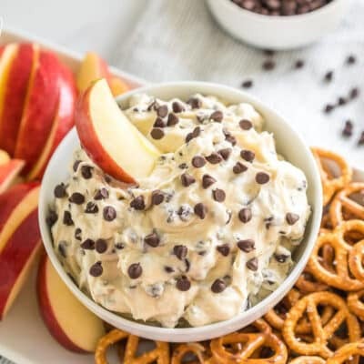 a pretzel dipped in chocolate chip cookie dough dip