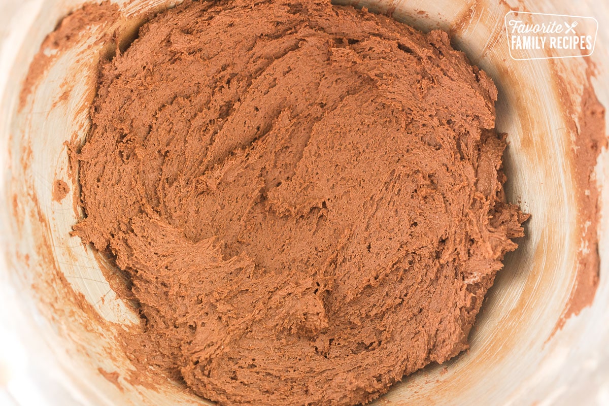 flour, cocoa powder, baking powder, salt, butter, eggs, sugar, and vanilla mixed together in a bowl to make a dough