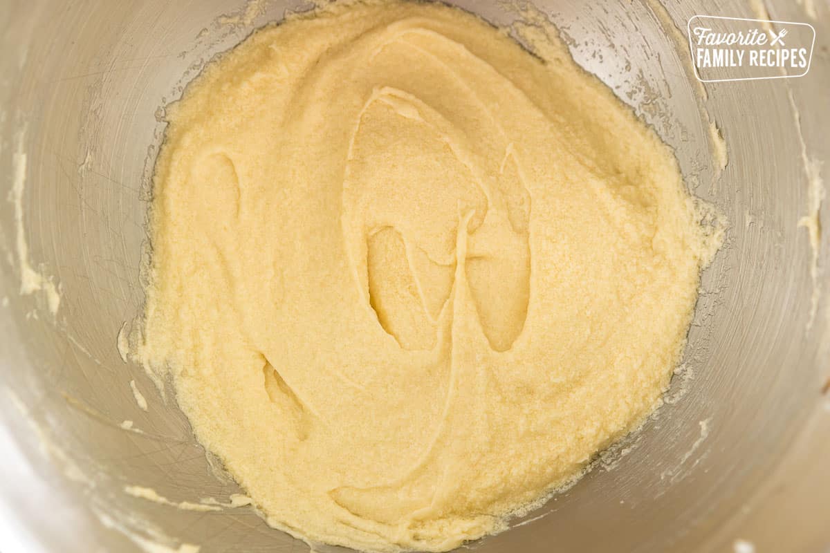 butter, sugar, vanilla and eggs in a mixing bowl