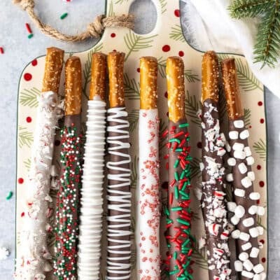 Platter of Christmas Dipped Pretzel Rods.