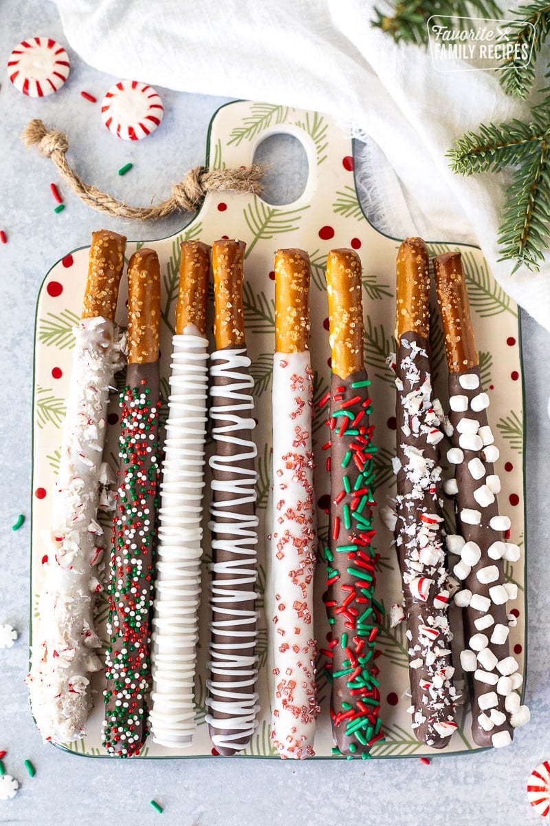 Platter of Christmas Dipped Pretzel Rods.