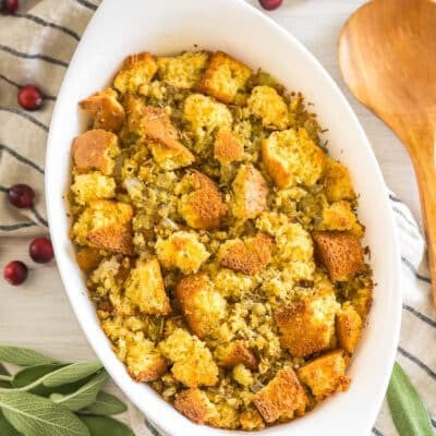 cornbread dressing in a baking dish
