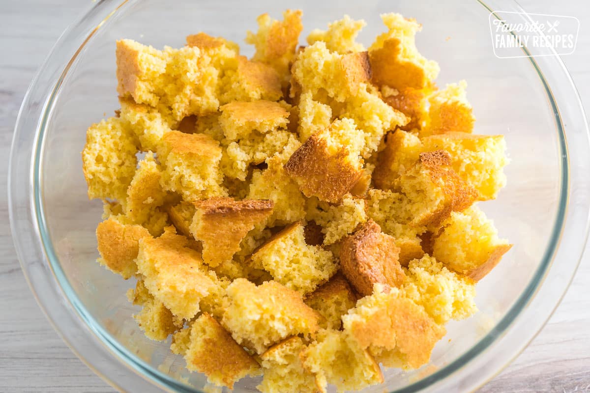 crumbled cornbread in a glass bowl