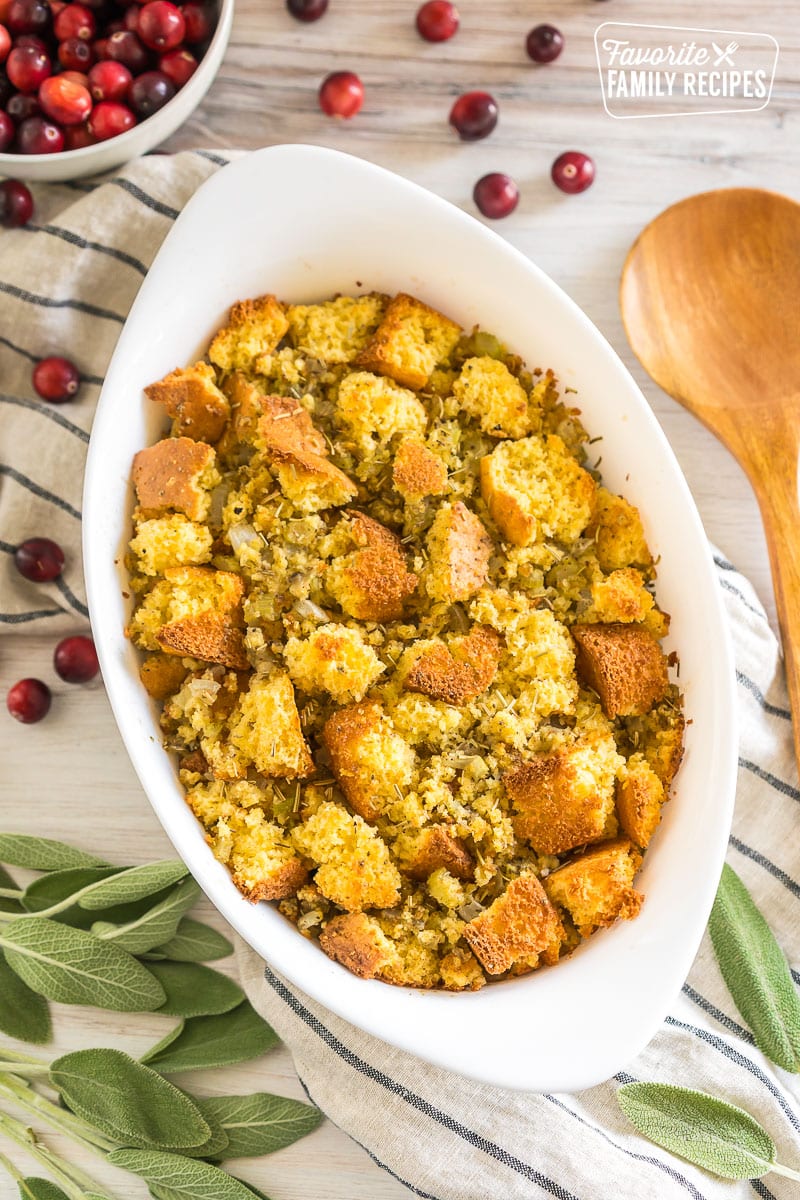 cornbread dressing in a baking dish