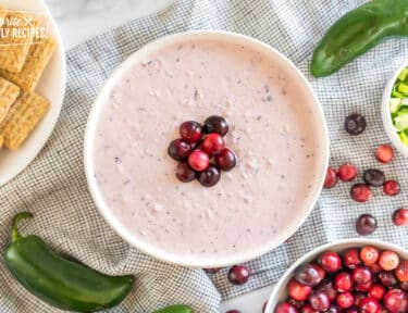 a bowl of cranberry jalapeno dip topped with cranberries