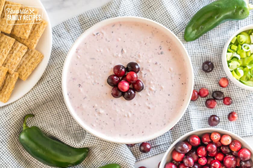 a bowl of cranberry jalapeno dip topped with cranberries