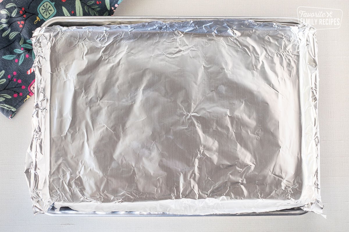 Baking sheet lined in aluminum foil.