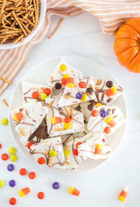 An overhead and vertical view of a plate filled with halloween candy bark.