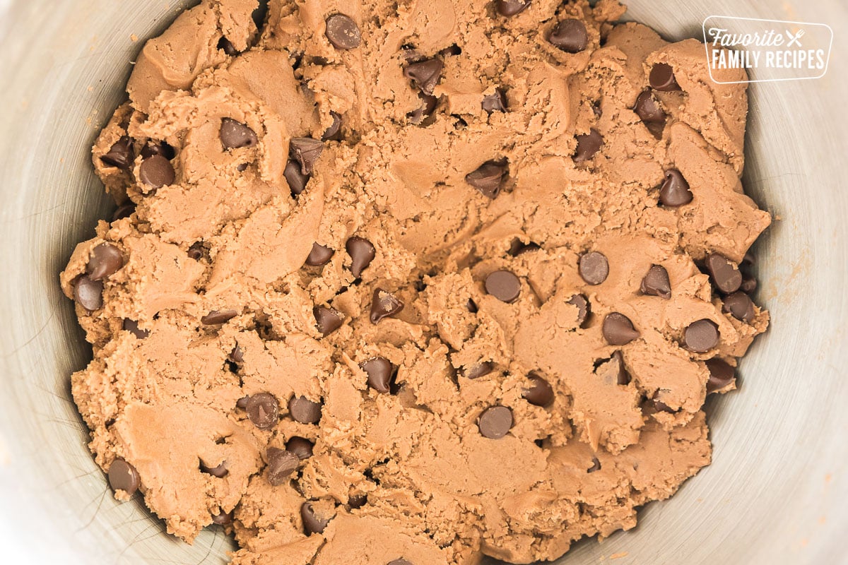 chocolate cookie dough in a bowl with chocolate chips