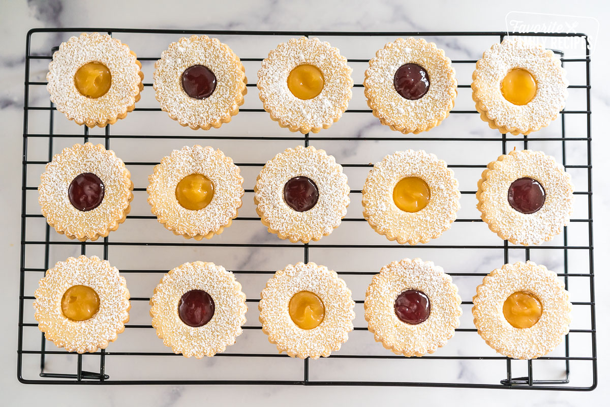 Linzer cookies on a wire rack
