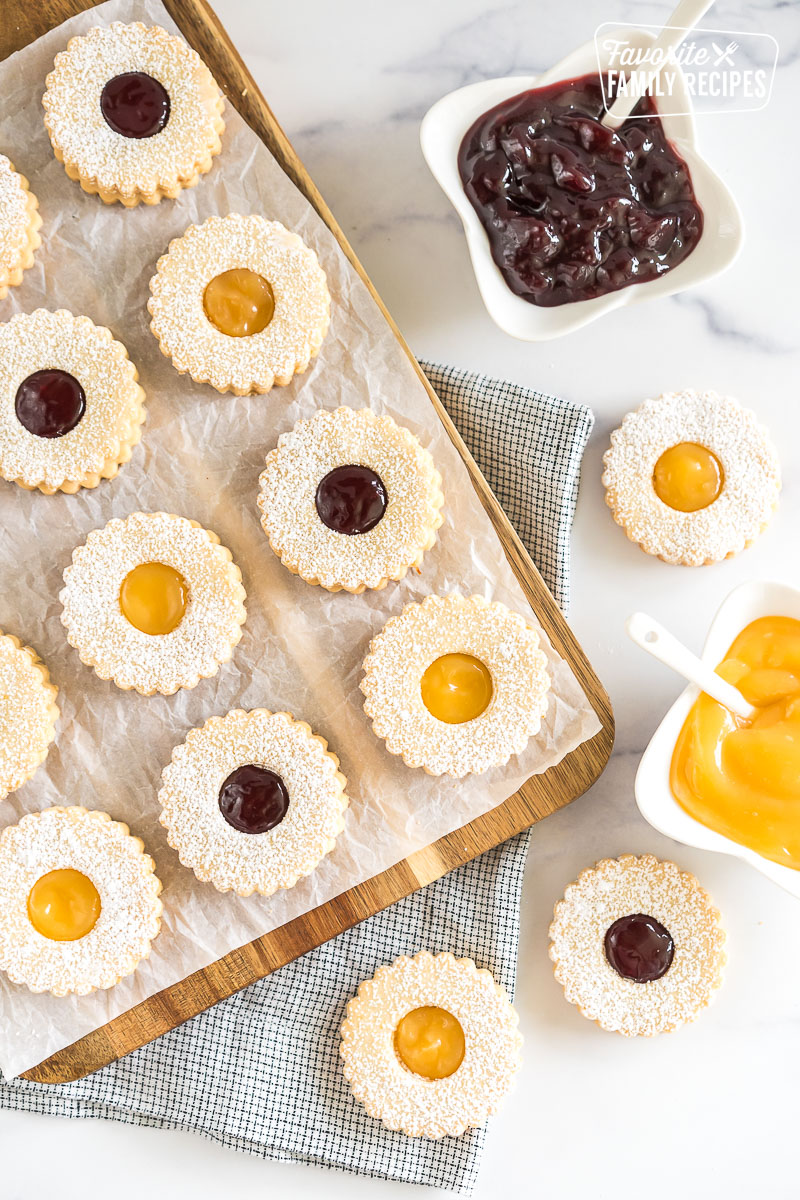 Linzer cookies on a cutting board